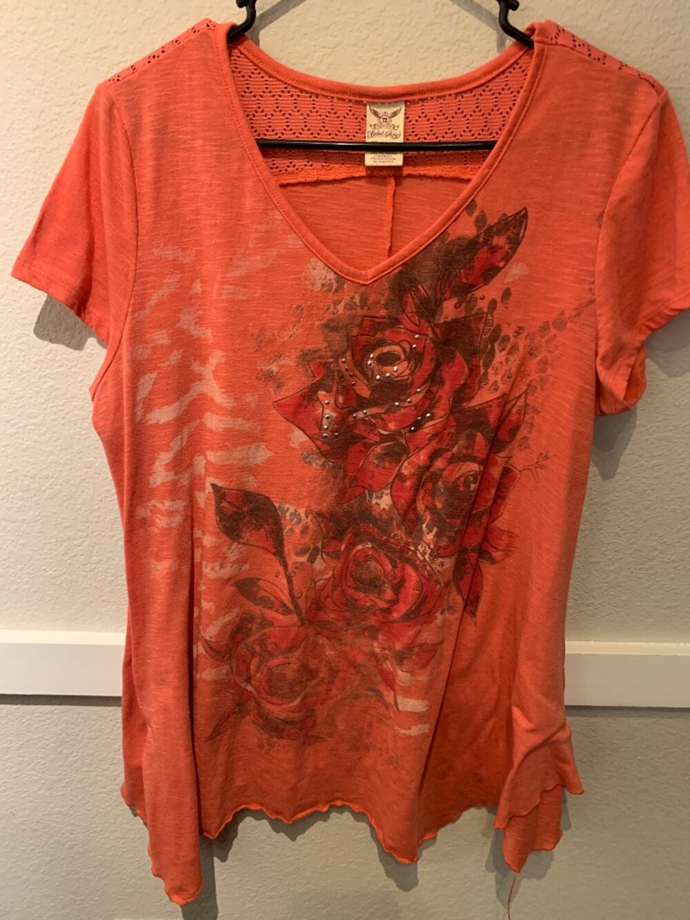 Peachy Orange  T-Shirt with Roses & Sparkles